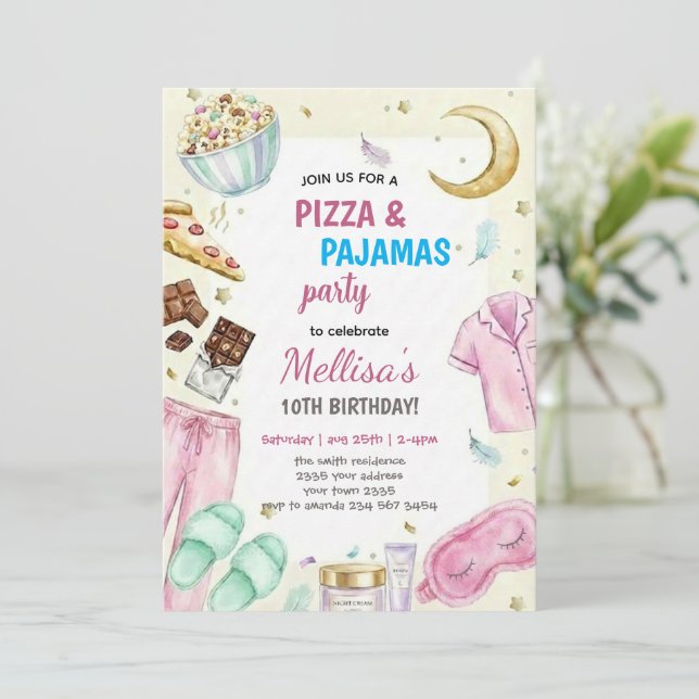 Pizza and Pajamas Sleepover Slumber Party Birthday Invitation (Standing Front)