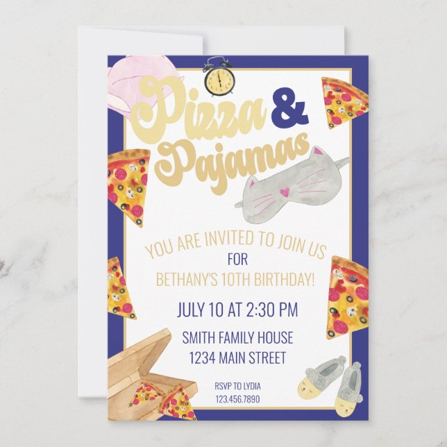 Pizza and Pajamas Slumber Party Sleepover Birthday Invitation (Front)