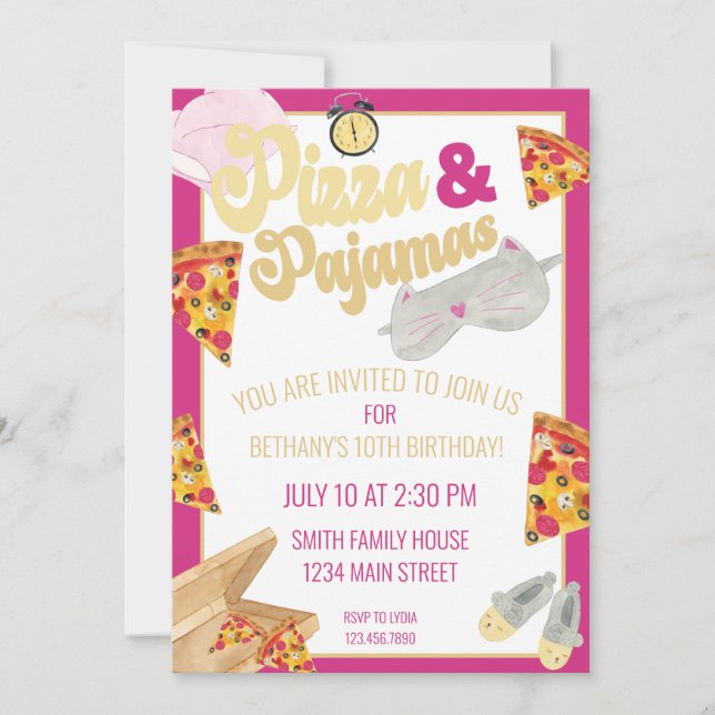 Pizza and Pajamas Slumber Party Sleepover Birthday Invitation (Front)