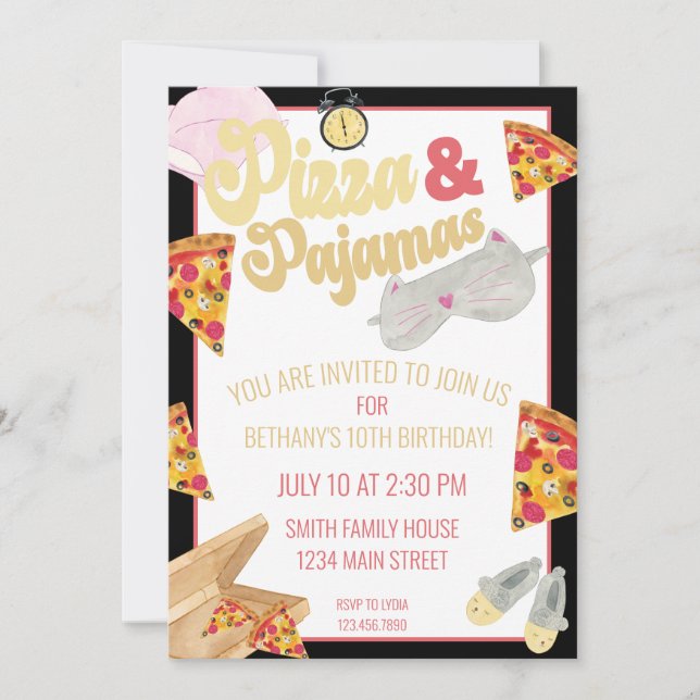 Pizza and Pajamas Slumber Party Sleepover Birthday Invitation (Front)