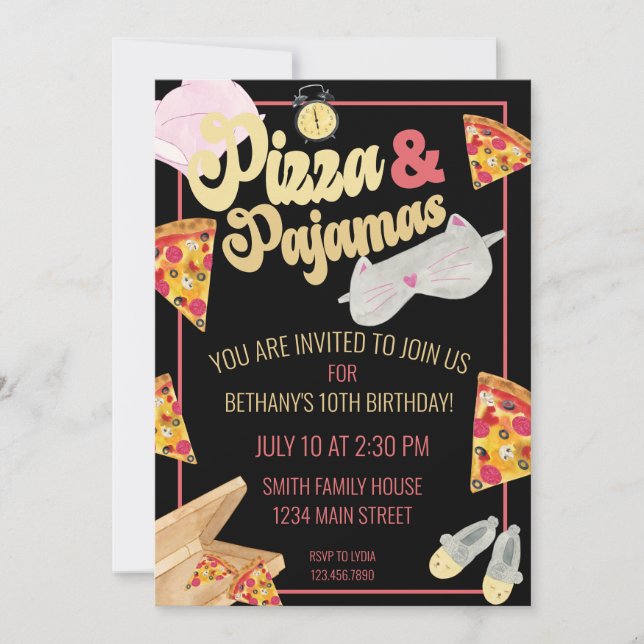 Pizza and Pajamas Slumber Party Sleepover Birthday Invitation (Front)