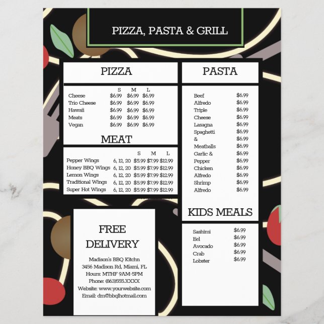 Pizza and Pasta Grill Restaurant Spaghetti Menu Flyer (Front)