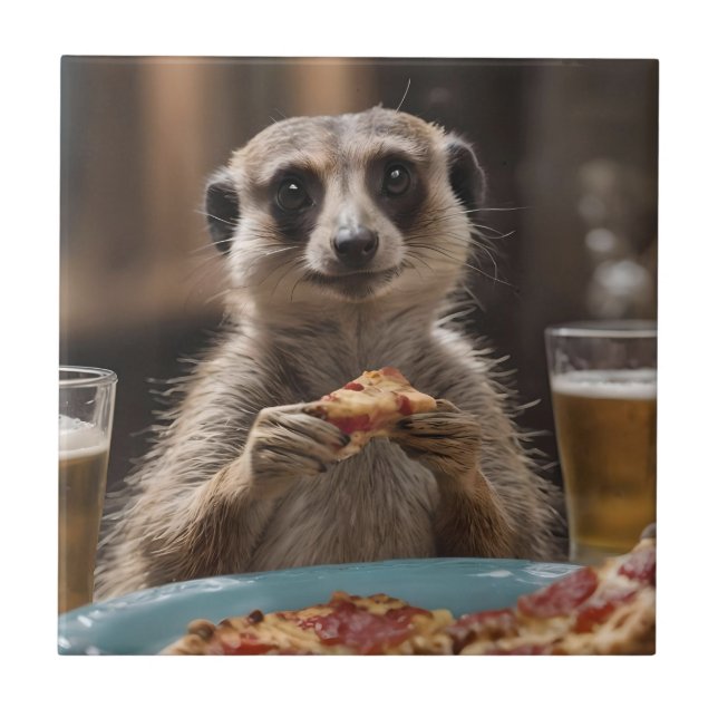 "Pizza and Pints: A Meerkat’s Perfect Snack Break" Ceramic Tile (Front)