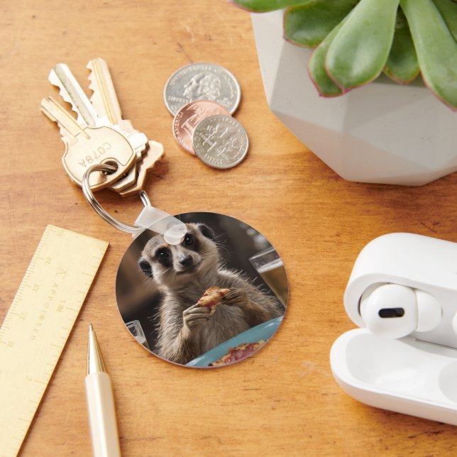 "Pizza and Pints: A Meerkat’s Perfect Snack Break" Keychain (Desk)