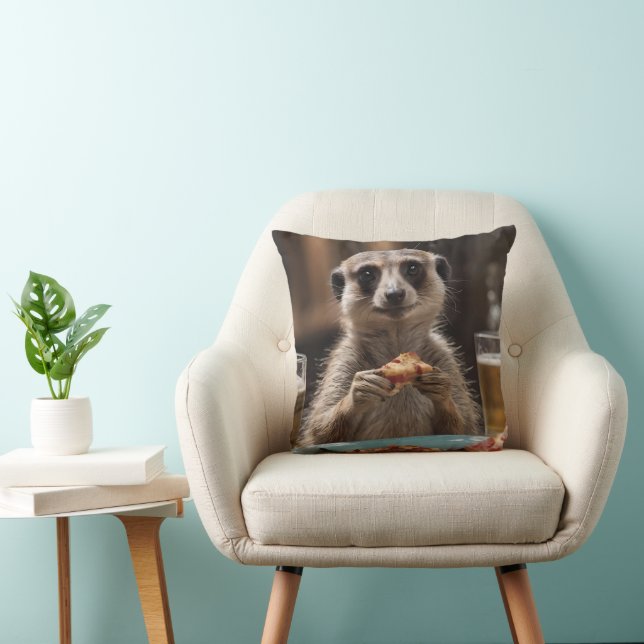 "Pizza and Pints: A Meerkat’s Perfect Snack Break" Throw Pillow (Chair)