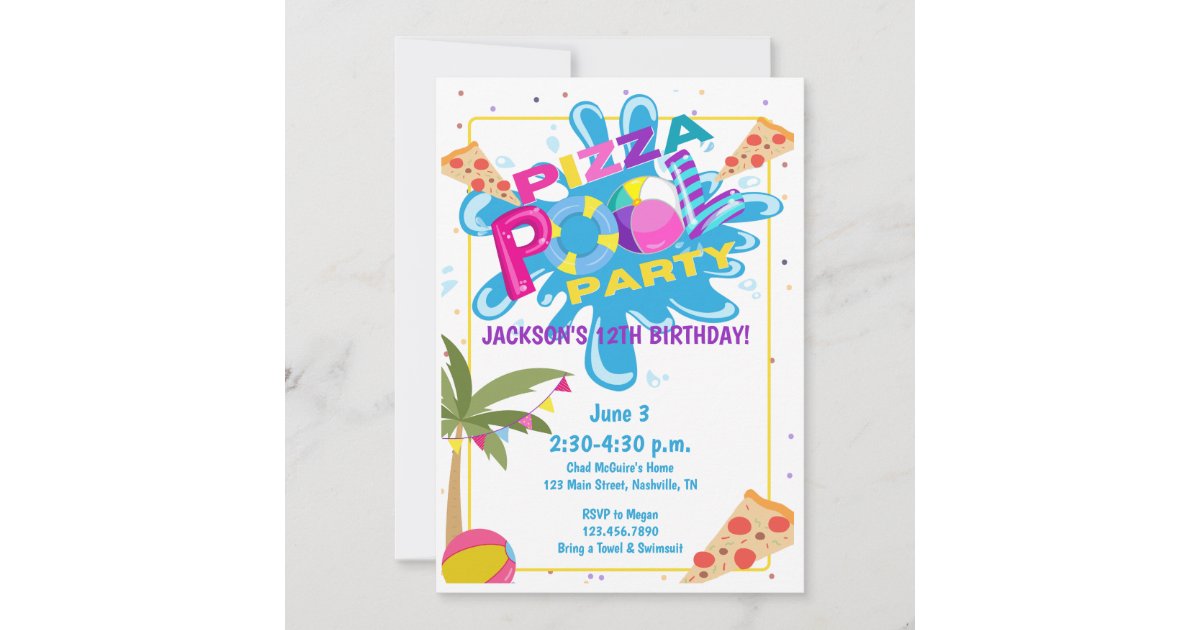 Pizza and Pool Party Birthday Celebration Invitation | Zazzle