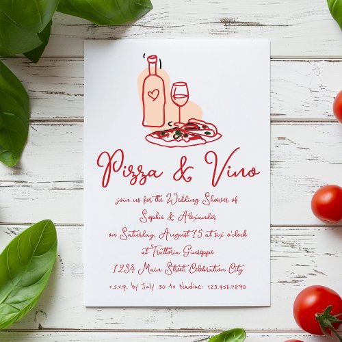 Pizza and Vino Whimsical Hand Drawn Wedding Shower Invitation