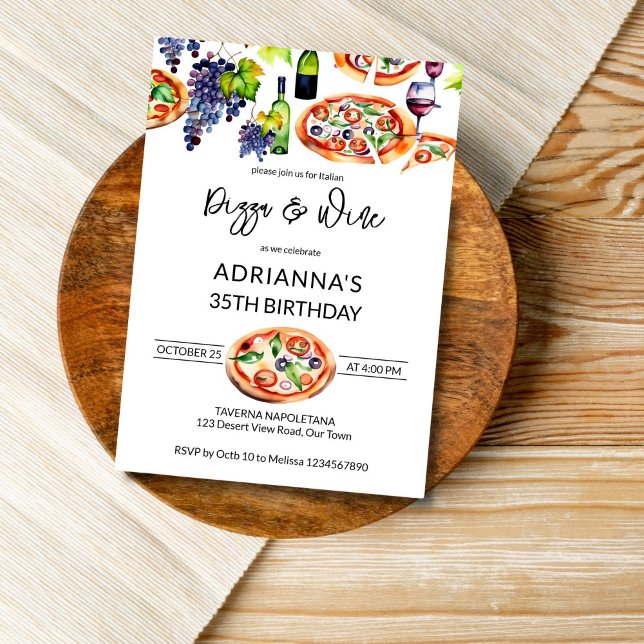 Pizza and wine birthday party template (Pizza and wine adults birthday party editable template invitation digital download watercolor pizza)