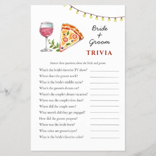 Pizza and Wine Bridal Shower Trivia games