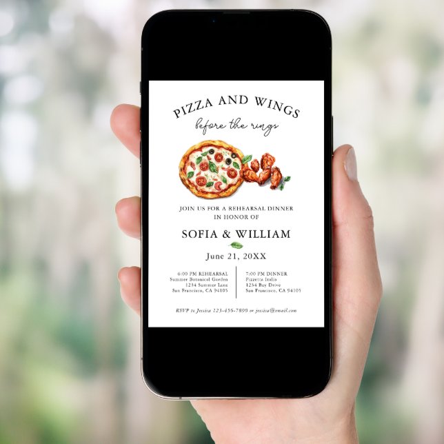 Pizza And Wings Before Rings Rehearsal Dinner Invitation (Front Digital)