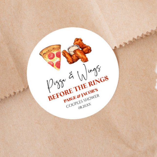 Pizza and Wings Before The Rings Couples Shower  Classic Round Sticker (Creator Uploaded)