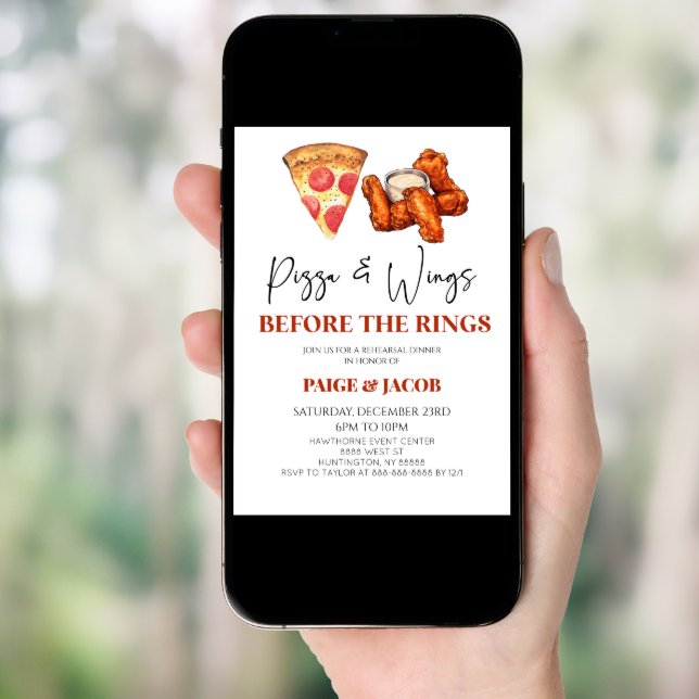 Pizza and Wings Before The Rings Rehearsal Dinner Invitation (Front Digital)