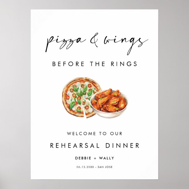 Pizza and Wings Before the Rings Rehearsal Dinner Poster (Front)