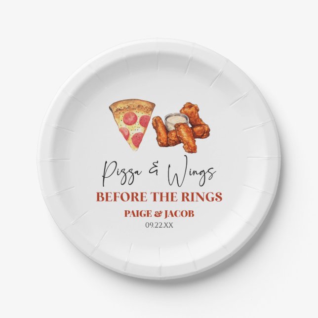 Pizza and Wings Before The Wings Rehearsal Dinner Paper Plates (Front)