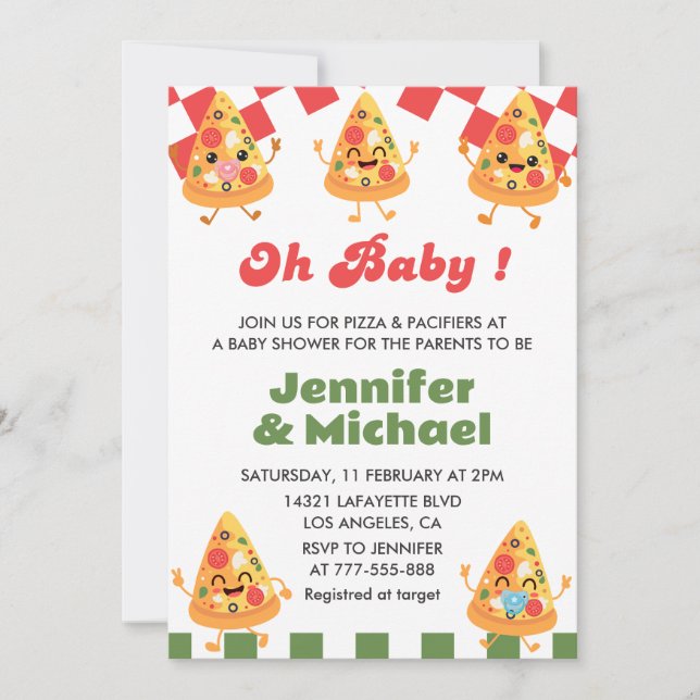Pizza Baby Shower Invitation Oh Baby Pacifier (Front)
