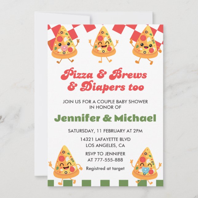 Pizza Baby Shower Invitations Pizza Beer Diapers (Front)