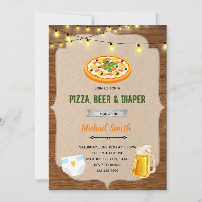 Pizza beer diaper shower invitation (Front)