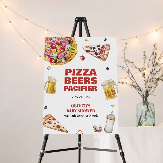 Pizza Beer Pacifier Baby Shower Welcome Sign (In Situ (Stand))