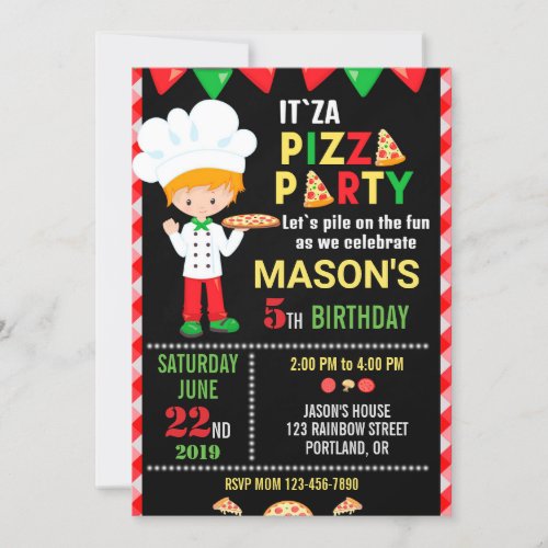 Pizza birthday invitation Red Green pizza party