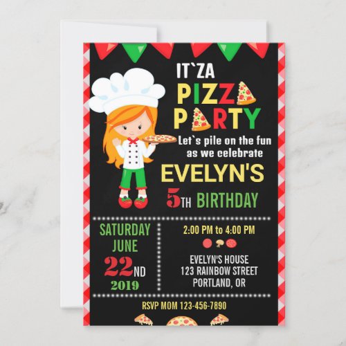 Pizza birthday invitation Red Green pizza party