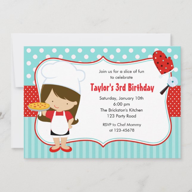Pizza Birthday Invitations (Girl Teal Red) (Front)