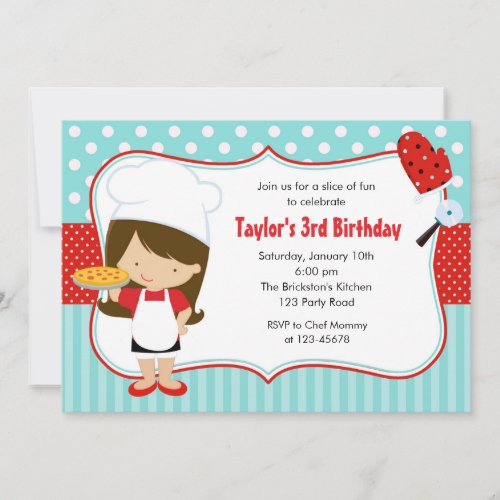 Pizza Birthday Invitations Girl Teal Red