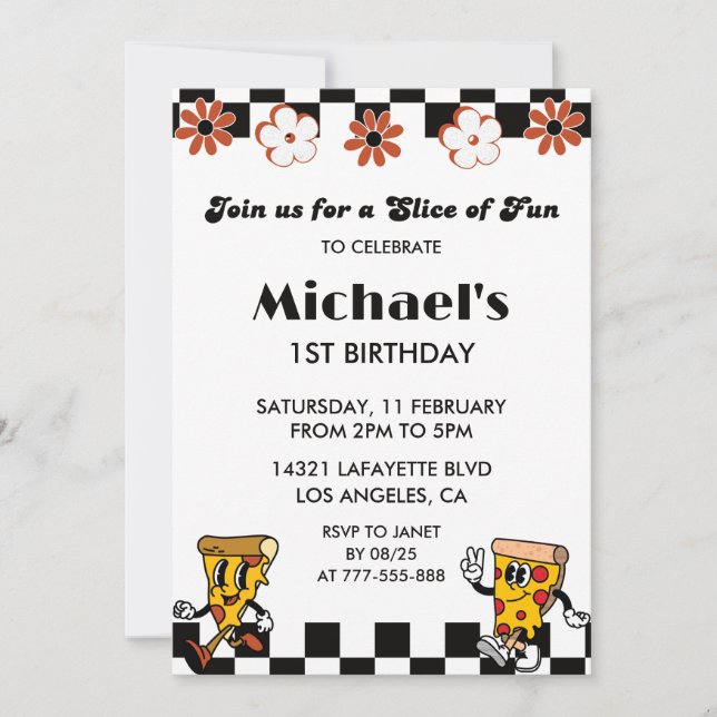 Pizza Birthday Invitations| Retro 1st Pizza Party Invitation (Front)
