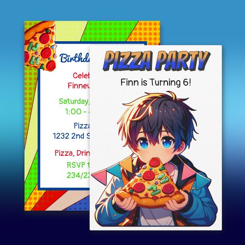 Pizza Birthday Party  Anime Boy with Pizza Invitation