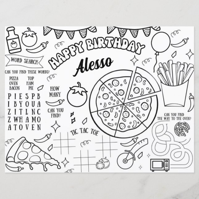 Pizza Birthday Party Coloring Page Placemat (Front)