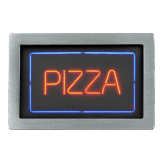 PIZZA Blue & Red Neon Sign Belt Buckle (Front)
