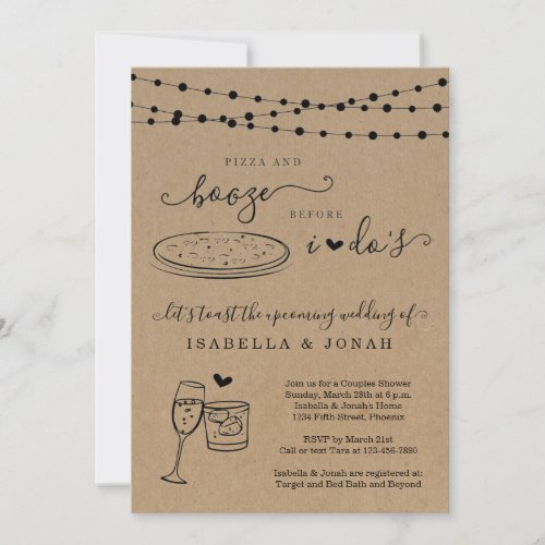 Pizza & Booze Before I Dos Couple's Wedding Shower Invitation - Invitation features hand-drawn pizza and drink toast artwork on a wonderfully rustic kraft background.

Coordinating RSVP, Details, Registry, Thank You cards and other items are available in the 'Rustic Champagne Line Art' Collection within my store.