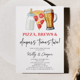 Pizza Brews and Diapers Times Two Twin Baby Shower Invitation