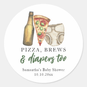 Pizza, Brews and Diapers too Baby shower Classic Round Sticker