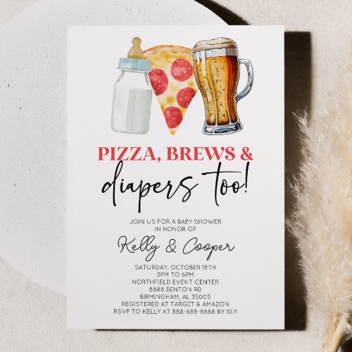 Pizza Brews and Diapers Too Baby Shower Invitation