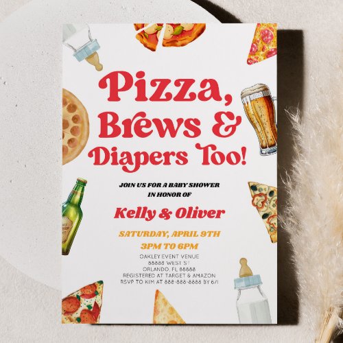 Pizza Brews and Diapers Too Baby Shower Invitation