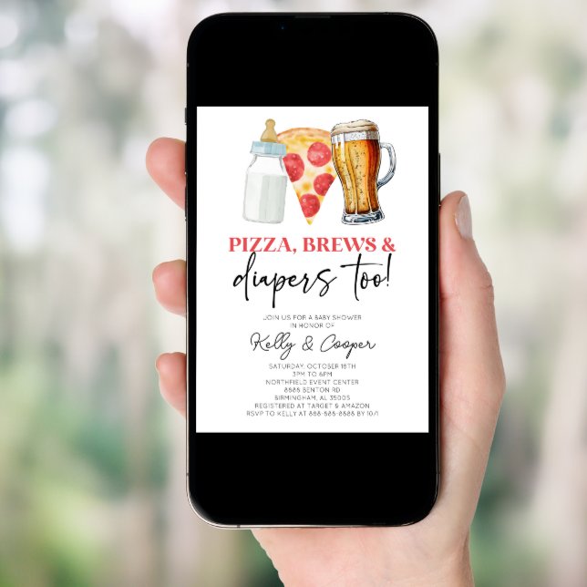 Pizza Brews and Diapers Too! Baby Shower Invitation (Front Digital)