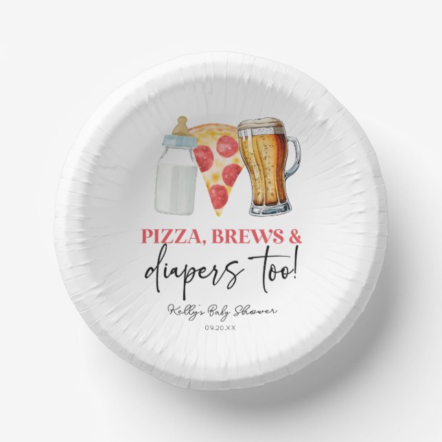 Pizza Brews and Diapers Too! Baby Shower Paper Bowls (Front)