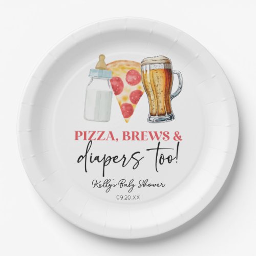 Pizza Brews and Diapers Too Baby Shower Paper Plates