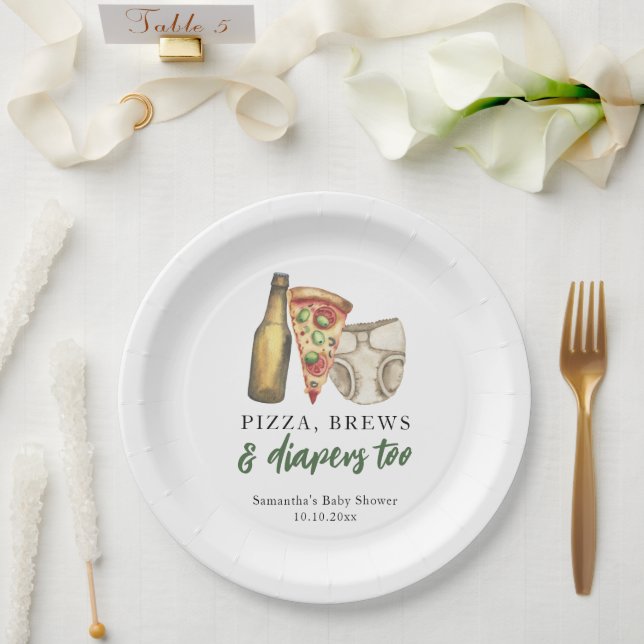 Pizza, Brews and Diapers too Baby shower  Paper Plates (Wedding)