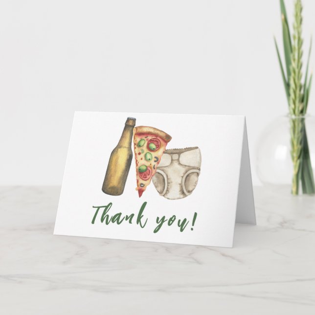 Pizza, Brews and Diapers too Baby shower Thank you (Front)