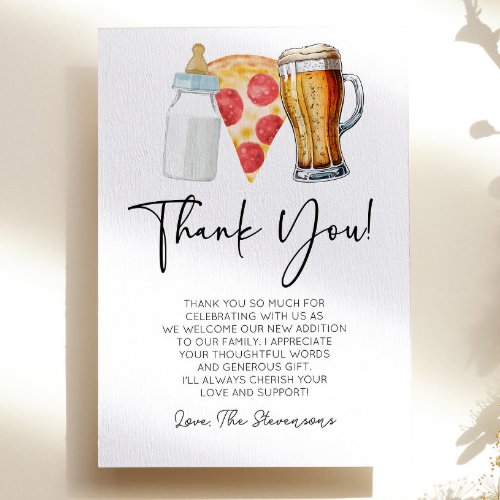 Pizza Brews and Diapers Too Baby Shower Thank You Card