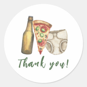 Pizza, Brews and Diapers too Baby shower Thank you Classic Round Sticker