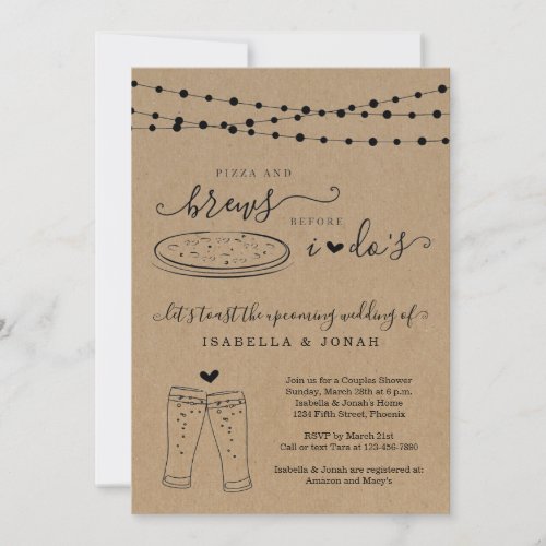 Pizza & Brews Before I Do's Couples' Bridal Shower Invitation - Invitation features hand-drawn pizza and beer toast artwork on a wonderfully rustic kraft background for your bridal shower, couple's shower rehearsal dinner, or engagement party.

Coordinating RSVP, Details, Registry, Thank You cards and other items are available in the 'Rustic Brewery Line Art' Collection within my store.