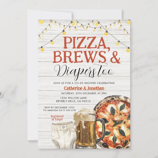 Pizza, Brews & Diapers too, Baby Shower White Wood Invitation (Front)