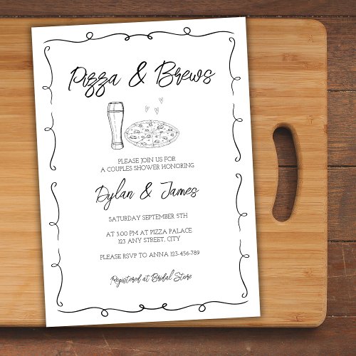 Pizza  Brews Whimsical Hand Drawn Couples Shower Invitation