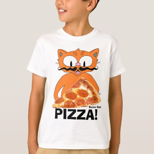 PIZZA Cartoon Mustache Cat with Pizza Slice T_Shirt
