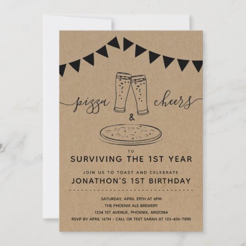 Pizza  Cheers  Beers Birthday Party 1st Birthday Invitation