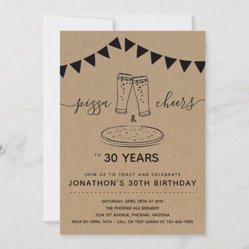 Pizza & Cheers & Beers Birthday Party - Any Age Invitation - Hand-drawn pizza and beer artwork on a wonderfully rustic kraft background.

Coordinating items are available in the 'Rustic Brewery Line Art' Collection within my store.