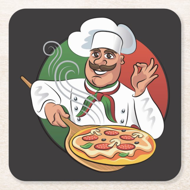Pizza Chef Sketch Square Paper Coaster (Front)