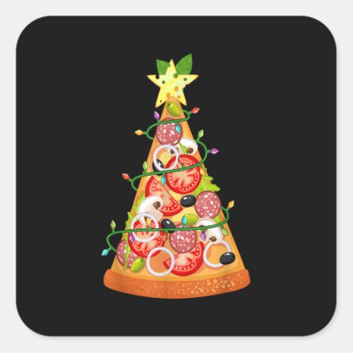 Pizza Christmas Tree Funny Pizza Slice Lights Xmas Square Sticker